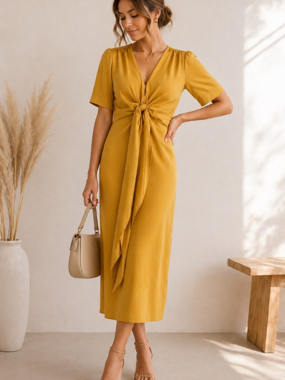 MIUCO Mustard Yellow Twist Front Silk Flutter Sleeve V Neck Minimalist Midi Dres